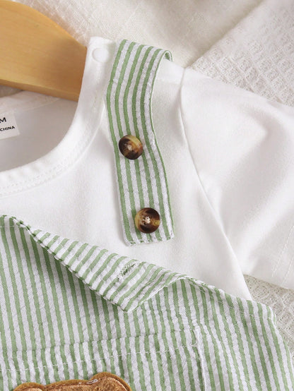 Playful Pals Newborn 3-Piece Set Cute & Casual Summer White Short-Sleeve T-Shirt Blue Striped Backless One-Piece Dress With Hat Bear Badge Vacation Outfit For Baby