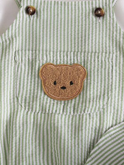 Playful Pals Newborn 3-Piece Set Cute & Casual Summer White Short-Sleeve T-Shirt Blue Striped Backless One-Piece Dress With Hat Bear Badge Vacation Outfit For Baby