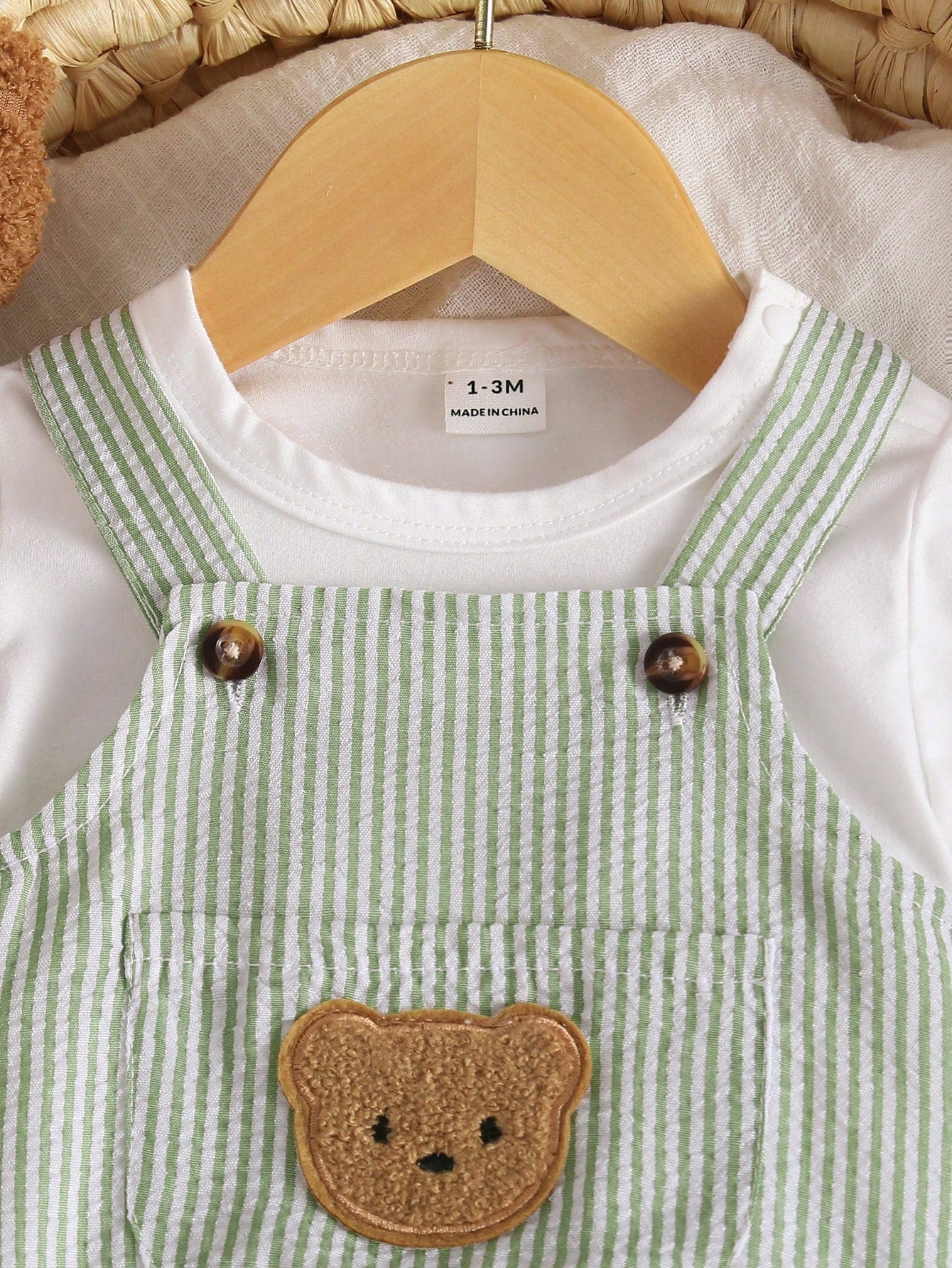 Playful Pals Newborn 3-Piece Set Cute & Casual Summer White Short-Sleeve T-Shirt Blue Striped Backless One-Piece Dress With Hat Bear Badge Vacation Outfit For Baby