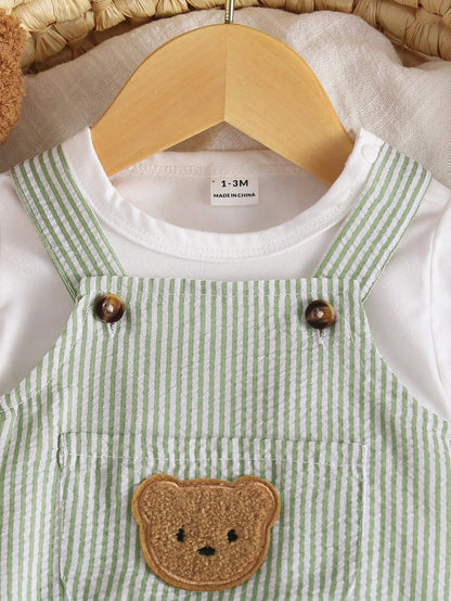 Playful Pals Newborn 3-Piece Set Cute & Casual Summer White Short-Sleeve T-Shirt Blue Striped Backless One-Piece Dress With Hat Bear Badge Vacation Outfit For Baby