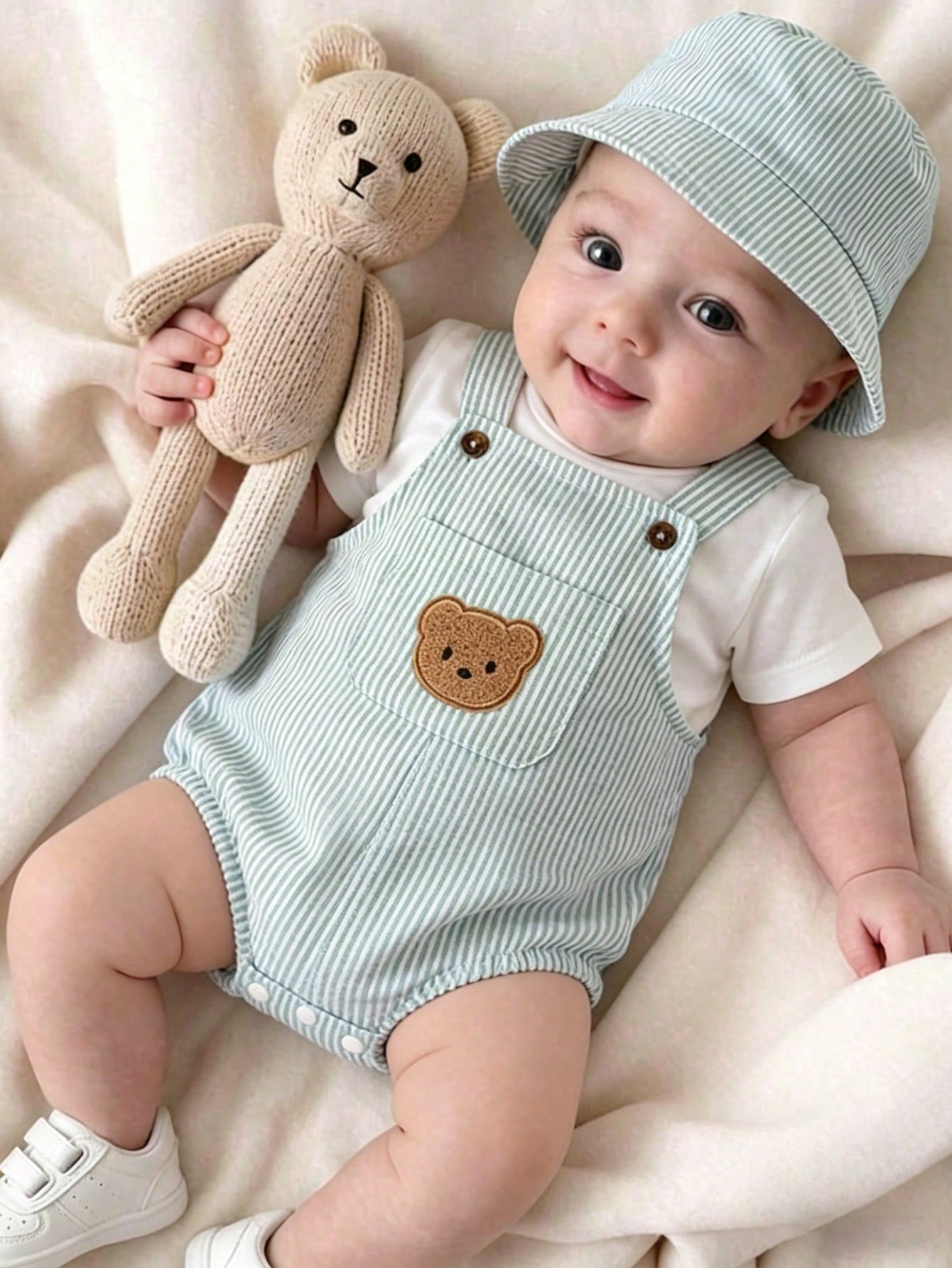 Playful Pals Newborn 3-Piece Set Cute & Casual Summer White Short-Sleeve T-Shirt Blue Striped Backless One-Piece Dress With Hat Bear Badge Vacation Outfit For Baby