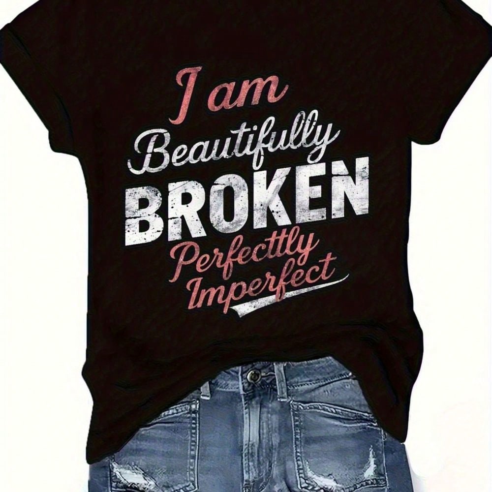 Plus Size Casual Round Neck Long Sleeve Tee With Slogan Print, Regular Fit Woven Fabric T-Shirt With Slight Stretch For Women