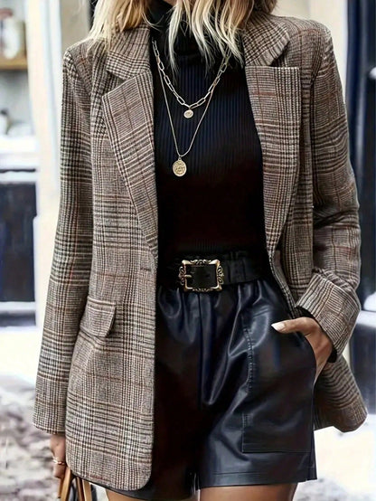Plus Size Elegant Women's Fashion Blazer, Vintage Plaid, Commute Casual Dual-Use Plaid Long Sleeve Jacket, Plus Size Plaid Blazer, Plus Size Women's Jacket
