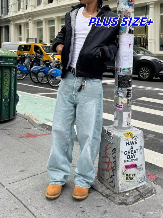 Plus Size Men's Light Blue Washed Vintage Loose Straight Leg Jeans