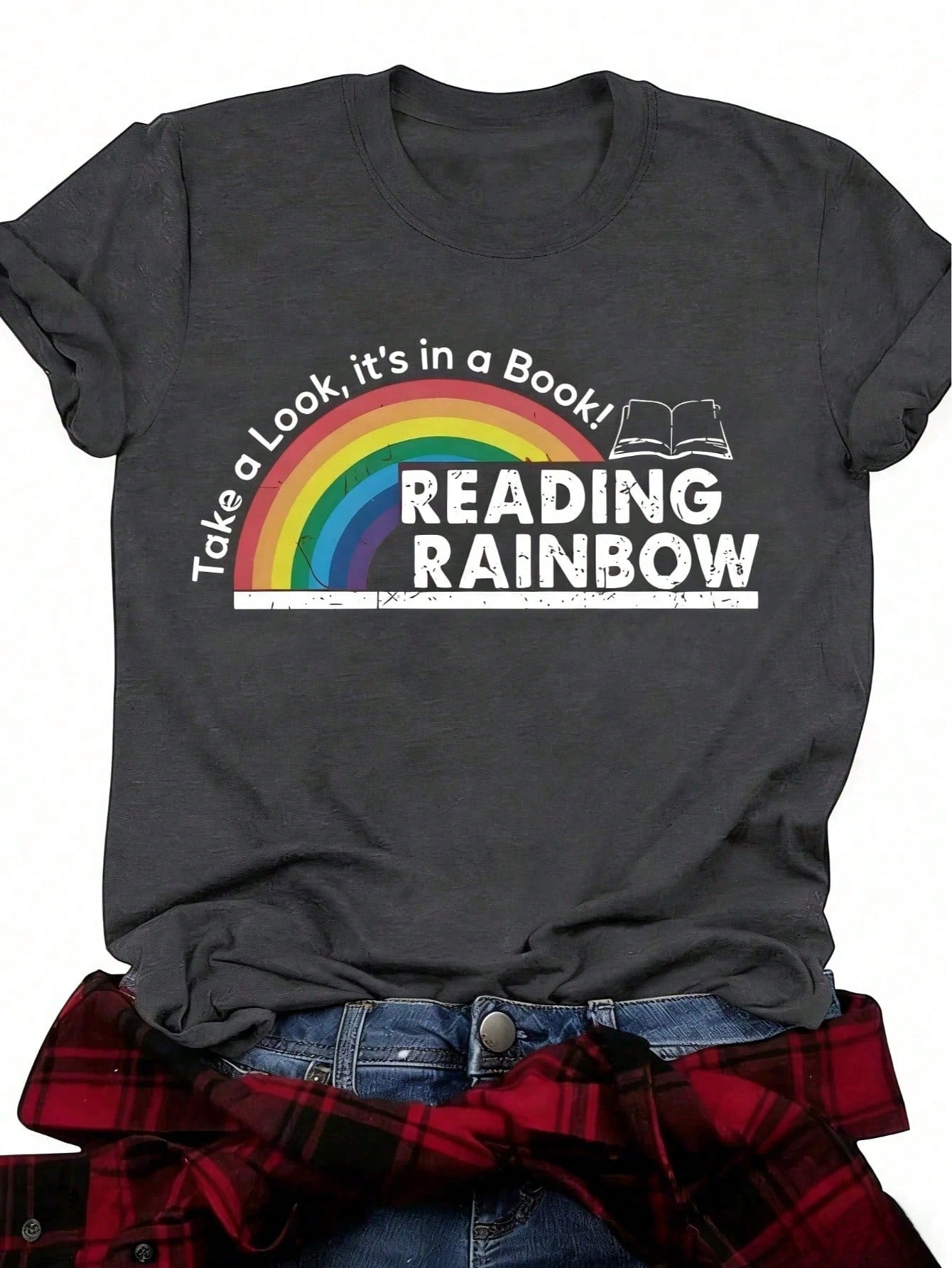 Plus Size S-5XL,Reading Rainbow Pattern T-Shirt, With Book Design, Casual Everyday Top, Playful Design, Spring And Summer Fashion Top