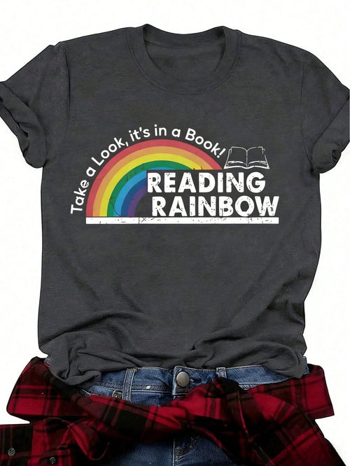 Plus Size S-5XL,Reading Rainbow Pattern T-Shirt, With Book Design, Casual Everyday Top, Playful Design, Spring And Summer Fashion Top