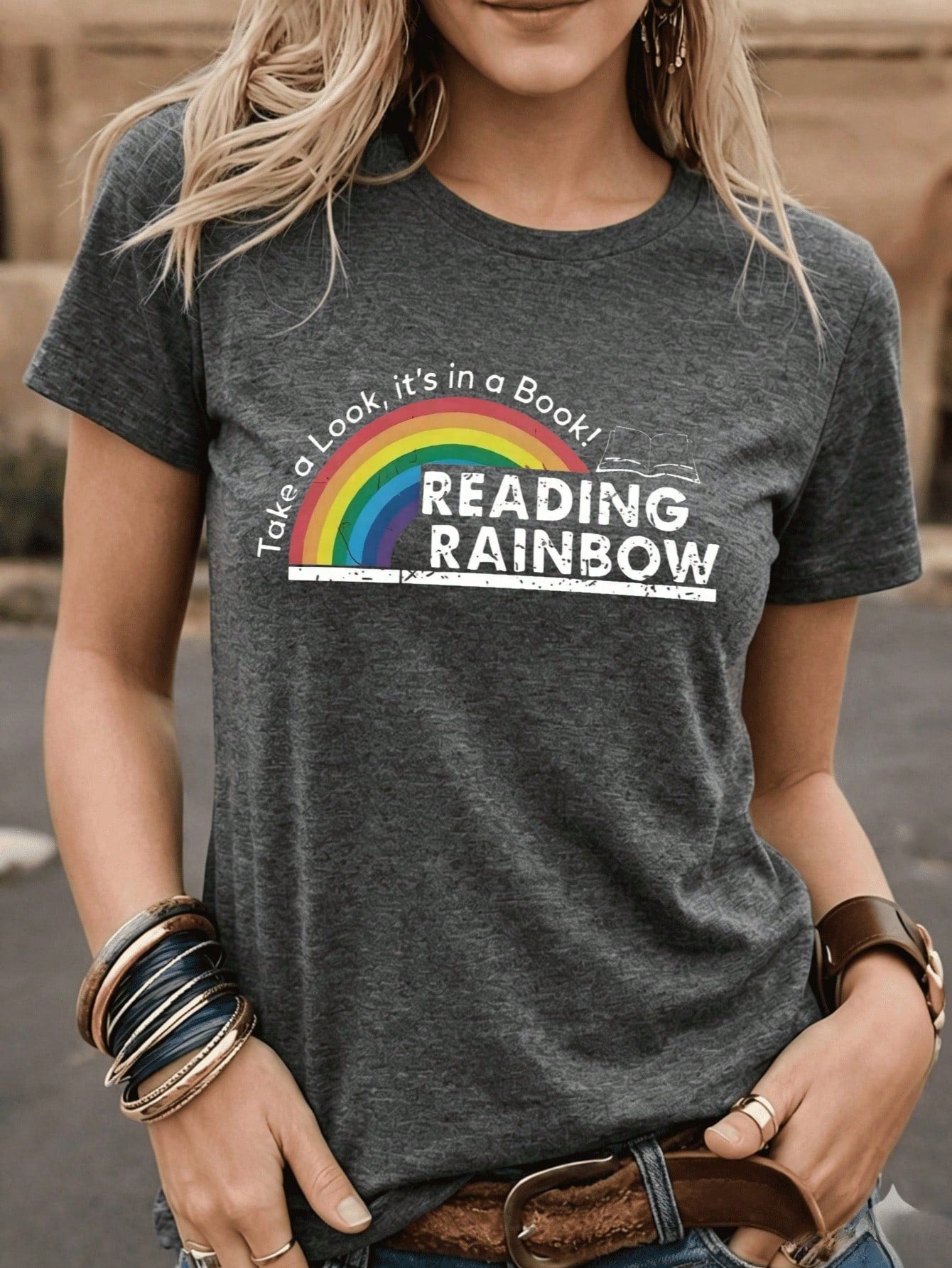 Plus Size S-5XL,Reading Rainbow Pattern T-Shirt, With Book Design, Casual Everyday Top, Playful Design, Spring And Summer Fashion Top