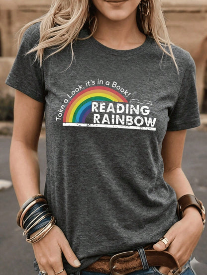 Plus Size S-5XL,Reading Rainbow Pattern T-Shirt, With Book Design, Casual Everyday Top, Playful Design, Spring And Summer Fashion Top