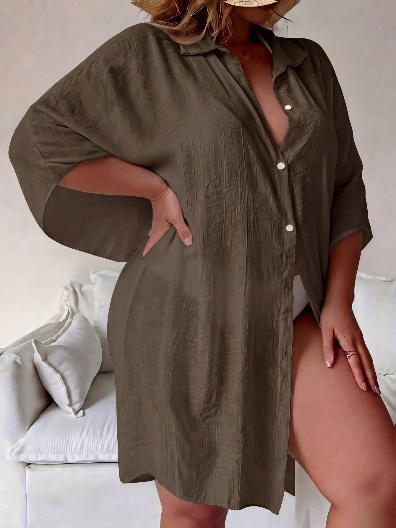 Plus Size Semi-Sheer Long Vacation Cover-Up, With Collar And Wrist-Length Sleeves. Beach Summer
