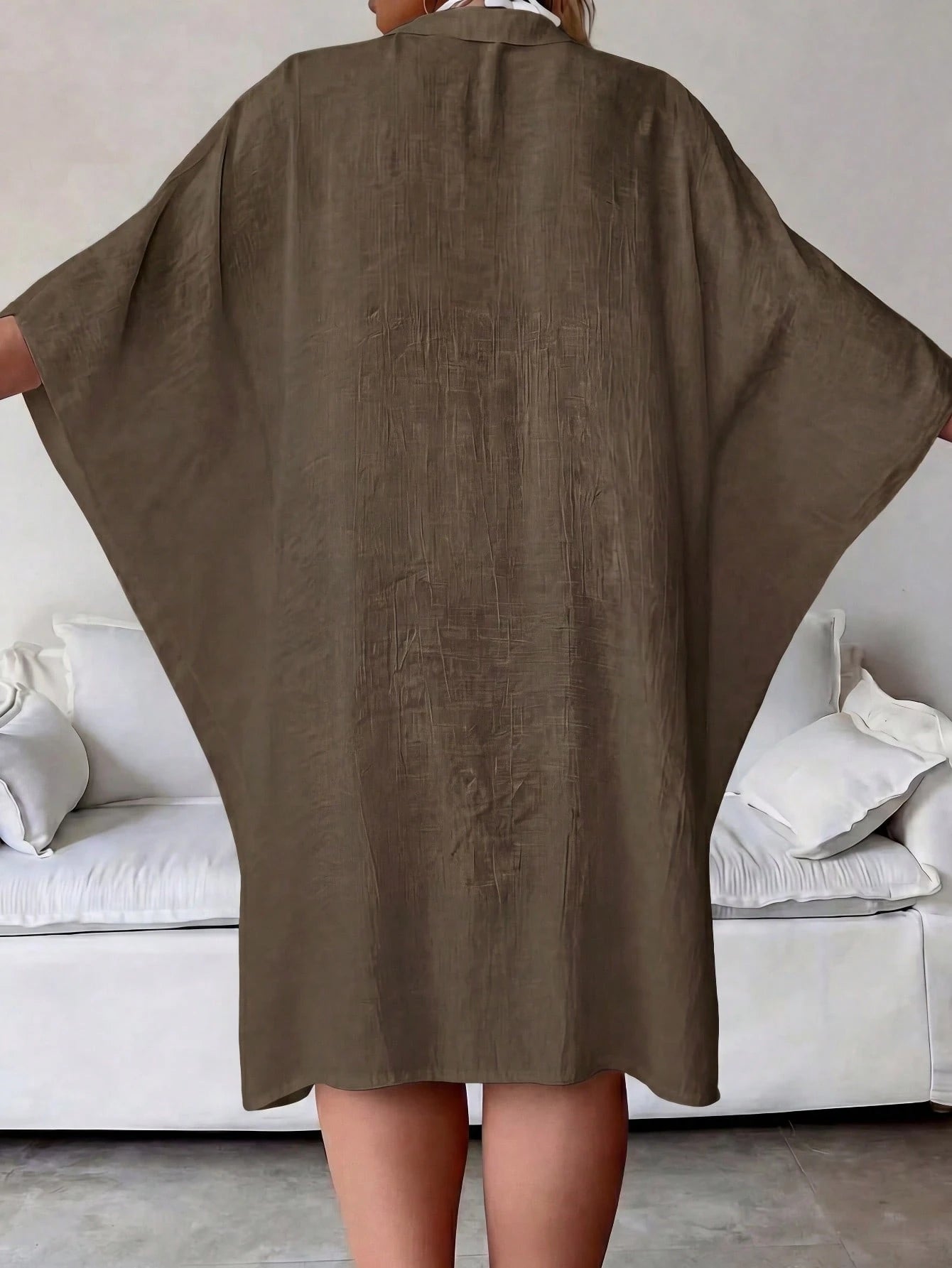 Plus Size Semi-Sheer Long Vacation Cover-Up, With Collar And Wrist-Length Sleeves. Beach Summer