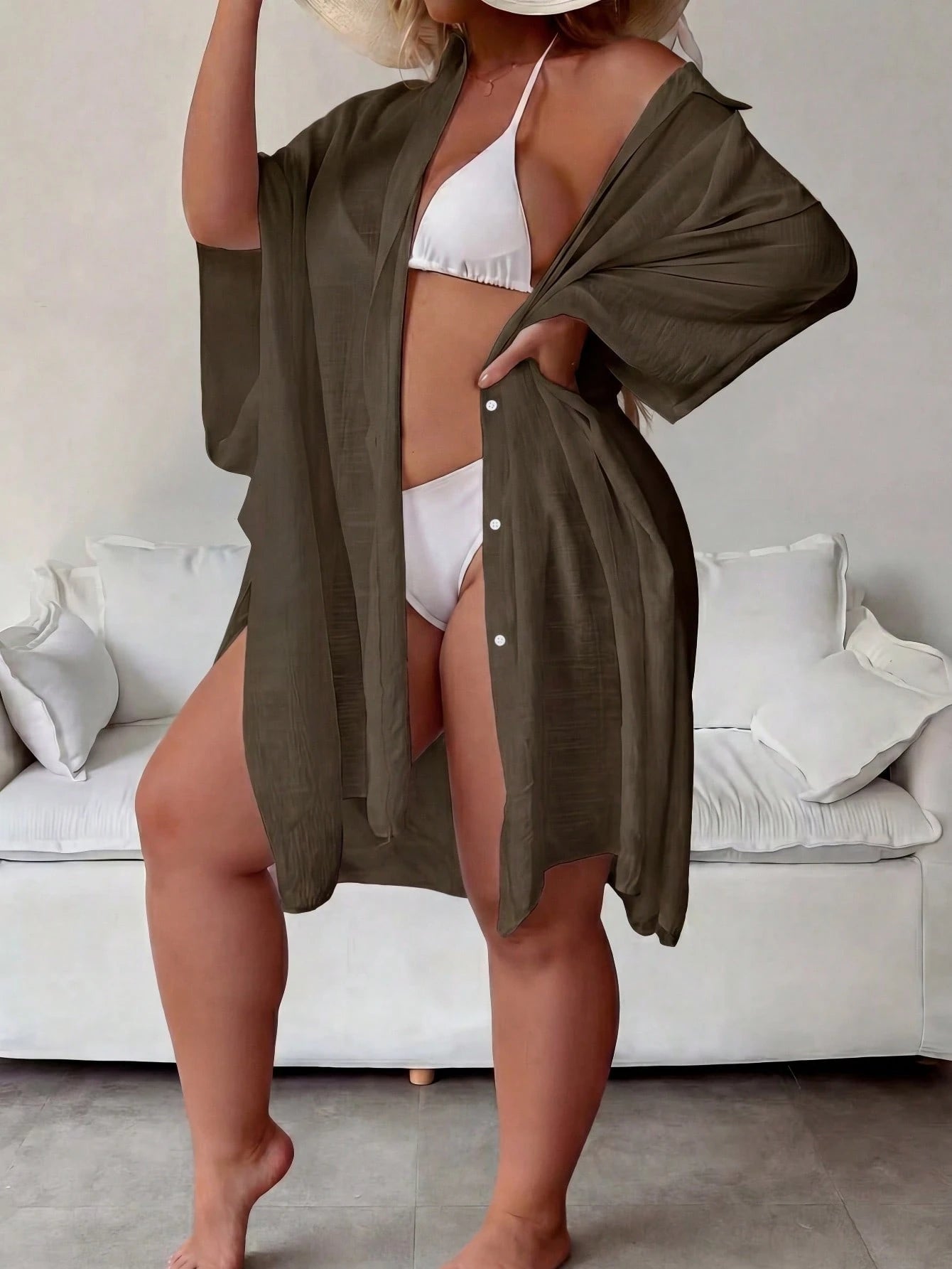 Plus Size Semi-Sheer Long Vacation Cover-Up, With Collar And Wrist-Length Sleeves. Beach Summer