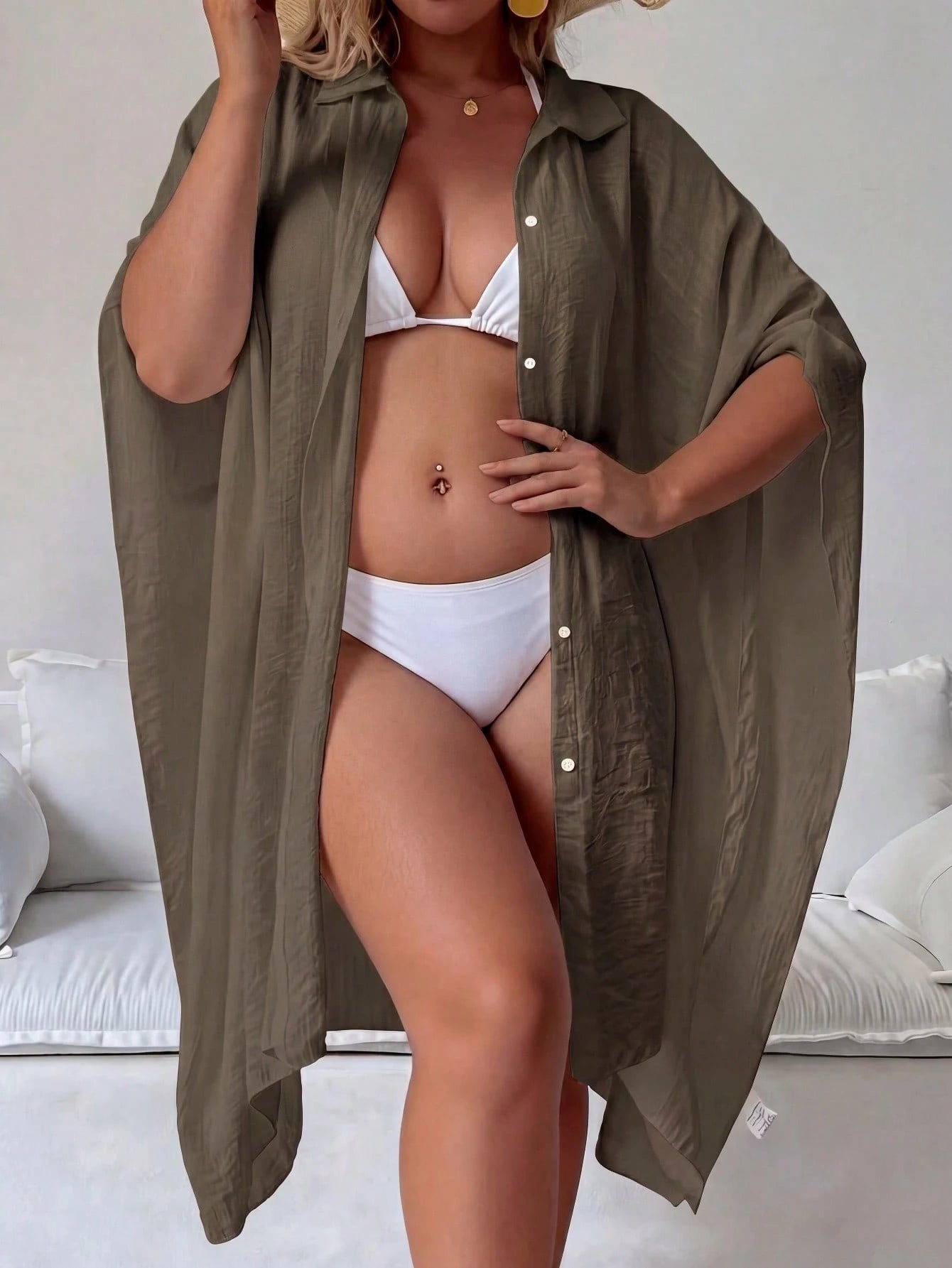 Plus Size Semi-Sheer Long Vacation Cover-Up, With Collar And Wrist-Length Sleeves. Beach Summer