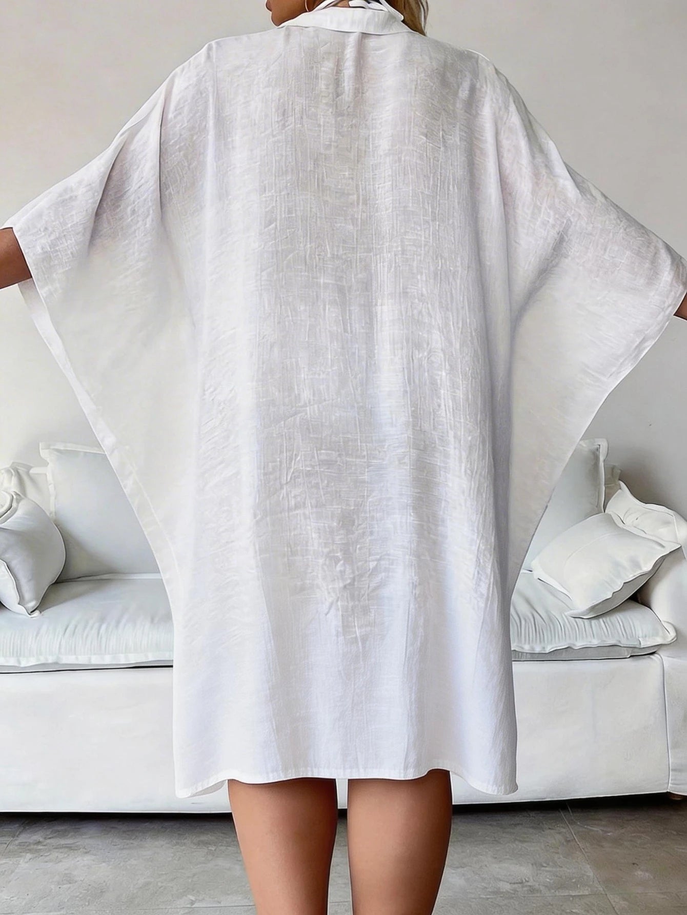 Plus Size Semi-Sheer Long Vacation Cover-Up, With Collar And Wrist-Length Sleeves. Beach Summer