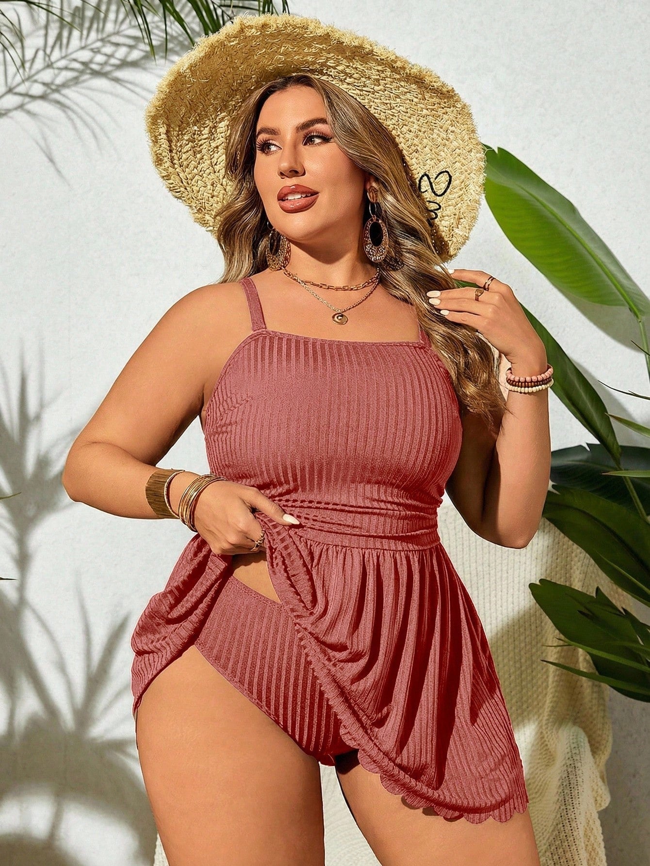 Plus Size Summer Solid Spaghetti Strap Swim Dress With Scallop Hem And Bikini Bottom, Suitable For Pool Wear,Summer Beach
