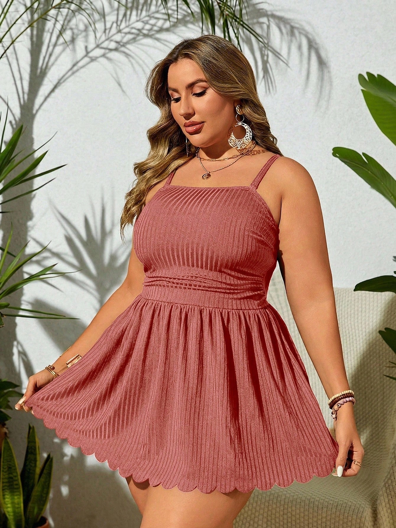 Plus Size Summer Solid Spaghetti Strap Swim Dress With Scallop Hem And Bikini Bottom, Suitable For Pool Wear,Summer Beach