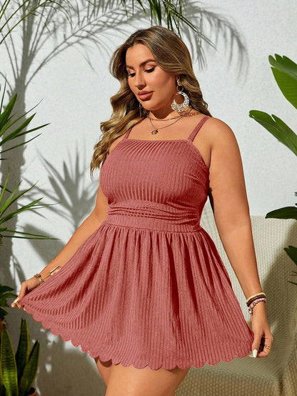 Plus Size Summer Solid Spaghetti Strap Swim Dress With Scallop Hem And Bikini Bottom, Suitable For Pool Wear,Summer Beach