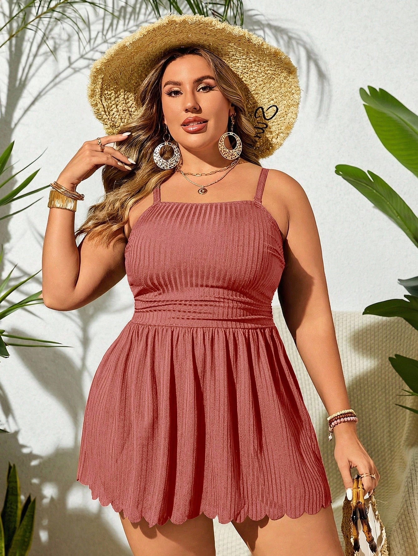 Plus Size Summer Solid Spaghetti Strap Swim Dress With Scallop Hem And Bikini Bottom, Suitable For Pool Wear,Summer Beach