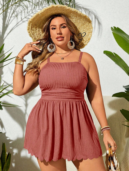 Plus Size Summer Solid Spaghetti Strap Swim Dress With Scallop Hem And Bikini Bottom, Suitable For Pool Wear,Summer Beach