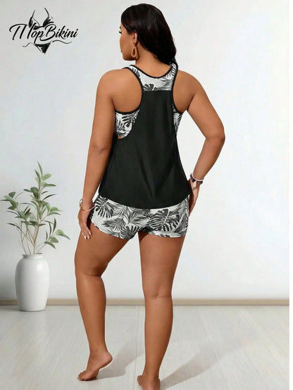Plus Size Tropical Palm Print Tankini Top & Boyshorts Swimsuit Set, Casual Sleeveless Scoop Neck Bathing Suit, Medium Stretch Fabric