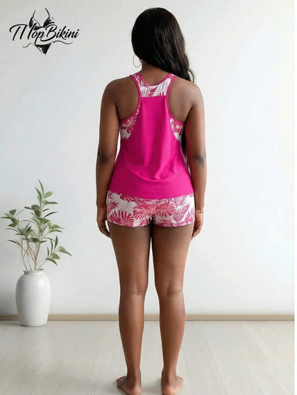 Plus Size Tropical Palm Print Tankini Top & Boyshorts Swimsuit Set, Casual Sleeveless Scoop Neck Bathing Suit, Medium Stretch Fabric
