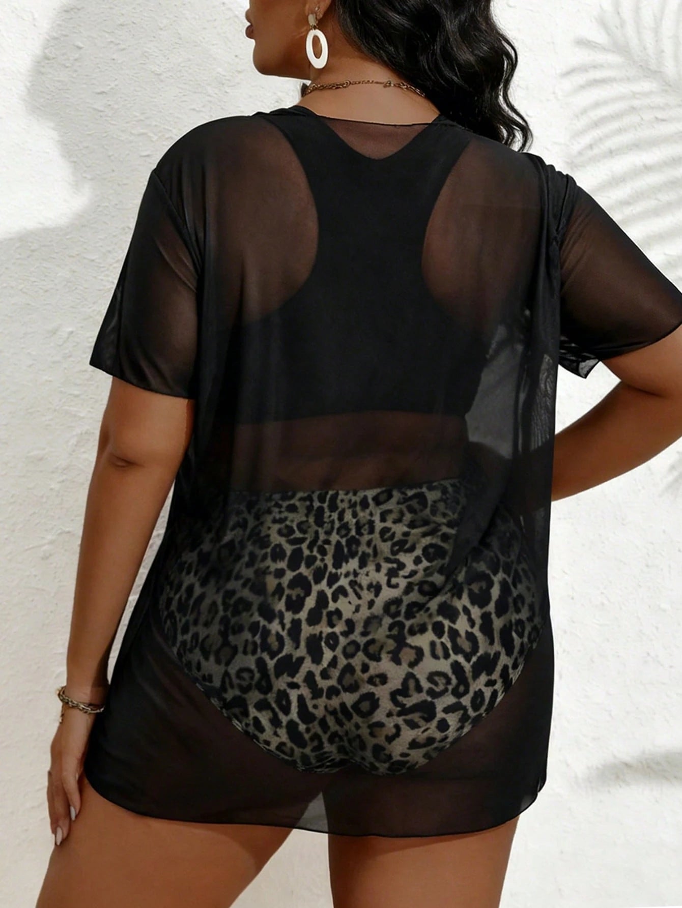 Plus Size Women 3pcs Set Leopard Print Hoodie Top & Camisole Bikini Swimwear Set