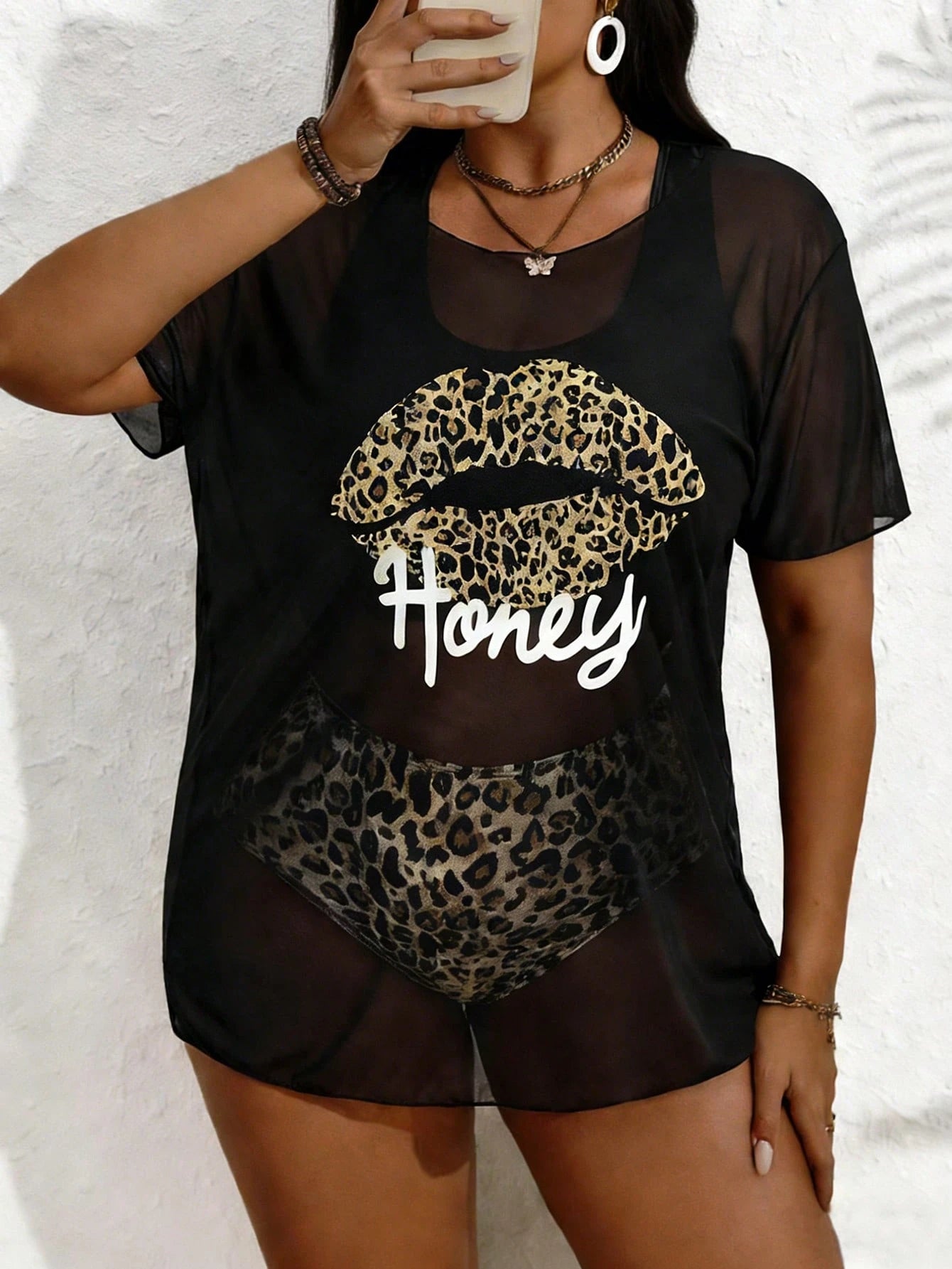 Plus Size Women 3pcs Set Leopard Print Hoodie Top & Camisole Bikini Swimwear Set