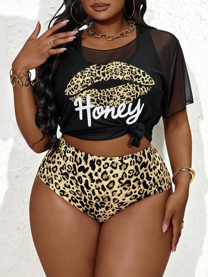 Plus Size Women 3pcs Set Leopard Print Hoodie Top & Camisole Bikini Swimwear Set