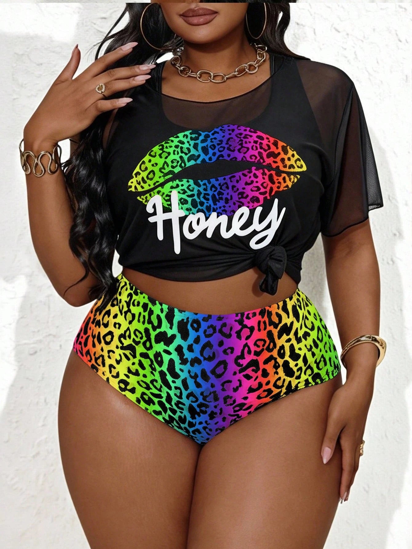 Plus Size Women 3pcs Set Leopard Print Hoodie Top & Camisole Bikini Swimwear Set