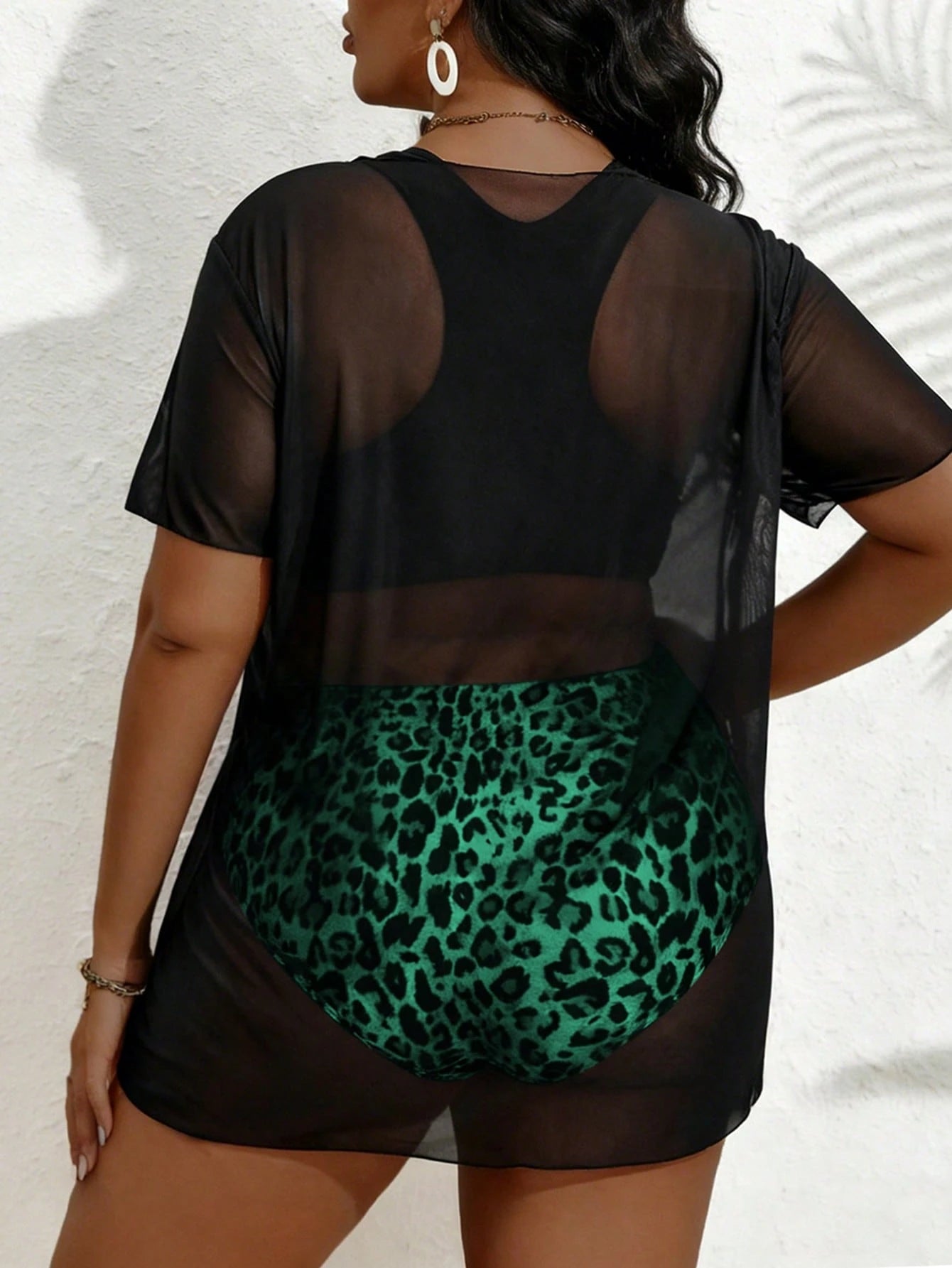 Plus Size Women 3pcs Set Leopard Print Hoodie Top & Camisole Bikini Swimwear Set