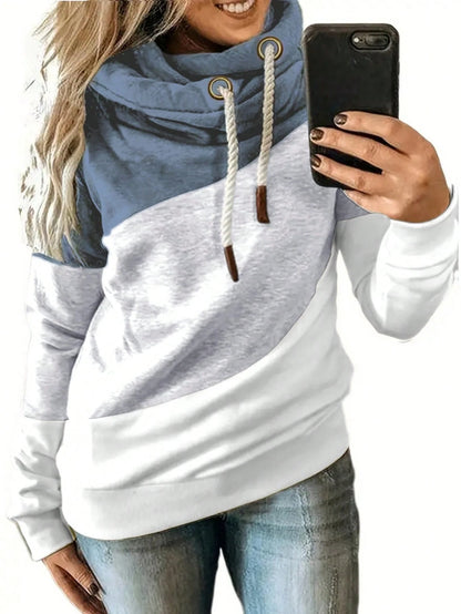 Plus Size Women Long Sleeve Drawstring Color Block Hooded Sweatshirt Casual