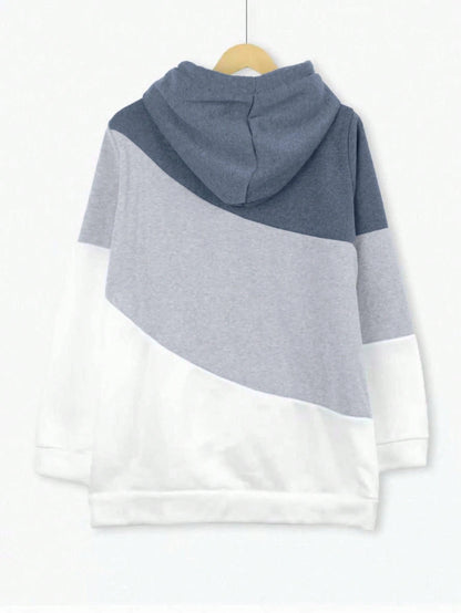 Plus Size Women Long Sleeve Drawstring Color Block Hooded Sweatshirt Casual