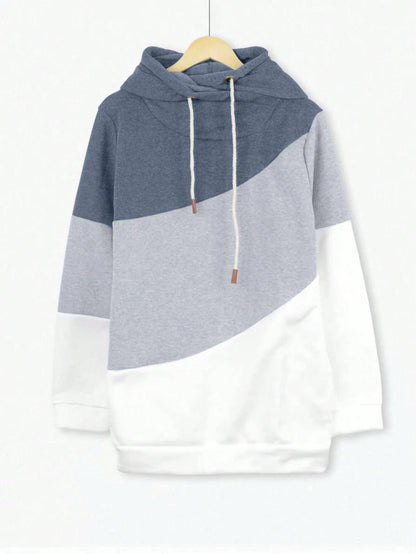 Plus Size Women Long Sleeve Drawstring Color Block Hooded Sweatshirt Casual