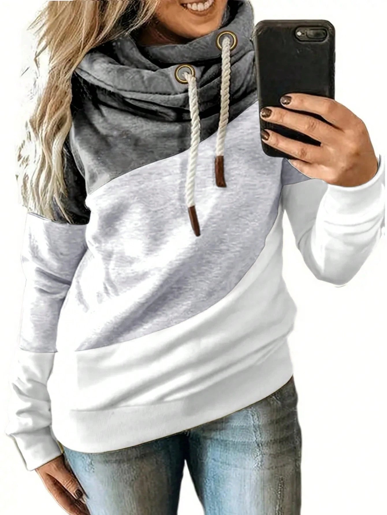 Plus Size Women Long Sleeve Drawstring Color Block Hooded Sweatshirt Casual