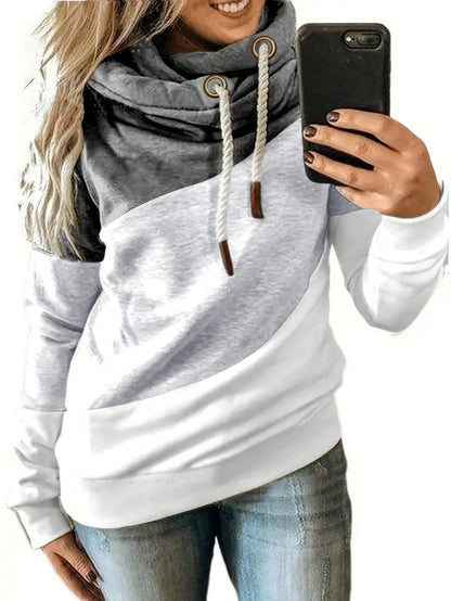 Plus Size Women Long Sleeve Drawstring Color Block Hooded Sweatshirt Casual