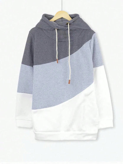 Plus Size Women Long Sleeve Drawstring Color Block Hooded Sweatshirt Casual