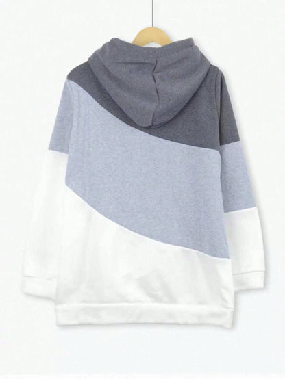 Plus Size Women Long Sleeve Drawstring Color Block Hooded Sweatshirt Casual