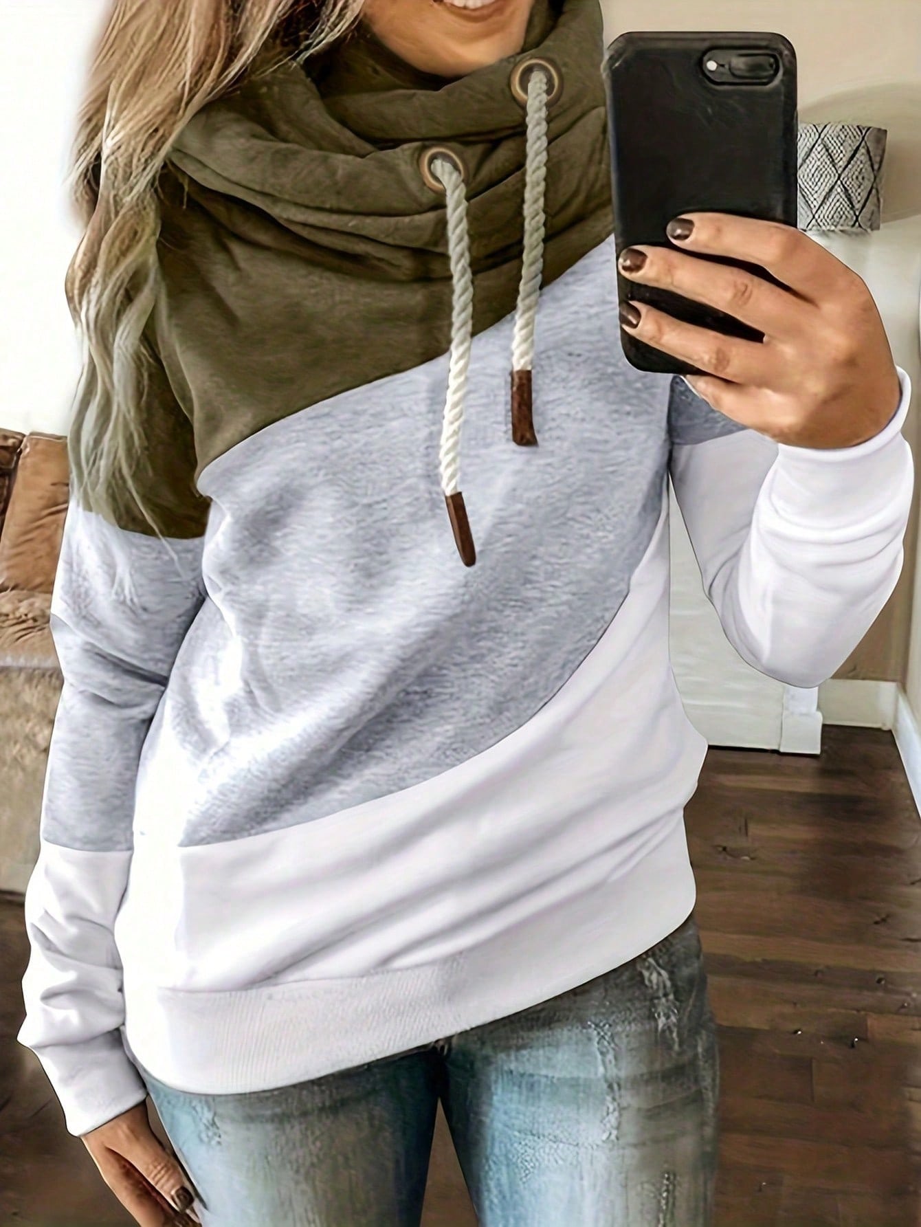 Plus Size Women Long Sleeve Drawstring Color Block Hooded Sweatshirt Casual