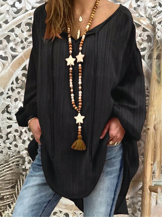 Plus Size Women's Bohemian Style Loose V-Neck Top, Lightweight Faux Linen Texture Summer Country Beach Black