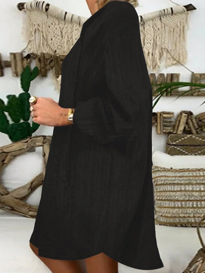 Plus Size Women's Bohemian Style Loose V-Neck Top, Lightweight Faux Linen Texture Summer Country Beach Black