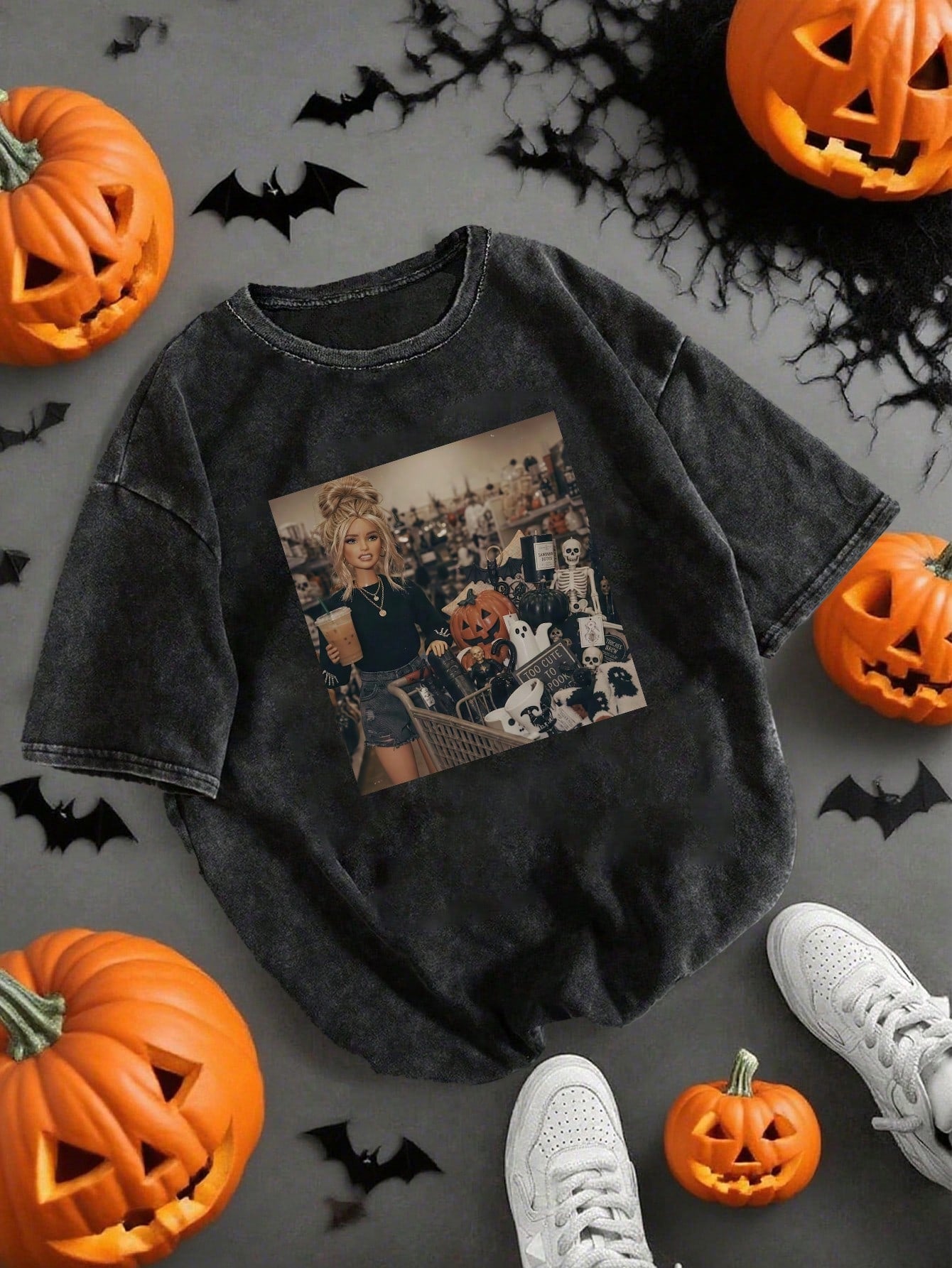 Plus Size Women's DailyBarbie Pumpkin Ghost Skeleton Print Crew Neck Short Sleeve Casual T-Shirt Top, Spring Summer Autumn Plus Size Summer Vacation Outfit