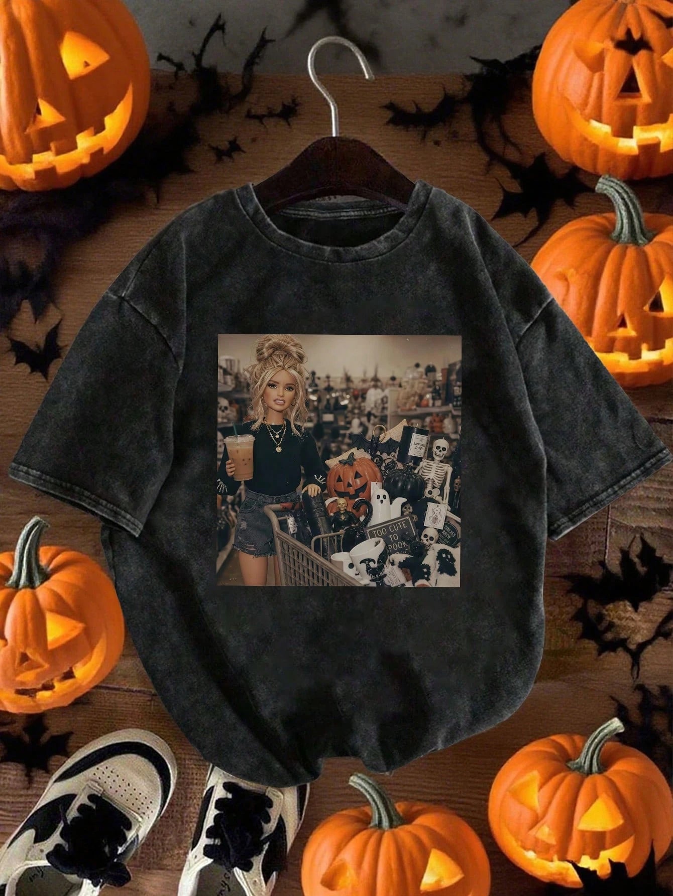 Plus Size Women's DailyBarbie Pumpkin Ghost Skeleton Print Crew Neck Short Sleeve Casual T-Shirt Top, Spring Summer Autumn Plus Size Summer Vacation Outfit