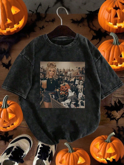 Plus Size Women's DailyBarbie Pumpkin Ghost Skeleton Print Crew Neck Short Sleeve Casual T-Shirt Top, Spring Summer Autumn Plus Size Summer Vacation Outfit