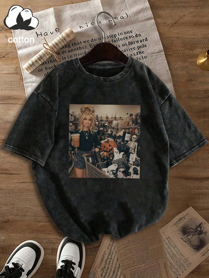 Plus Size Women's DailyBarbie Pumpkin Ghost Skeleton Print Crew Neck Short Sleeve Casual T-Shirt Top, Spring Summer Autumn Plus Size Summer Vacation Outfit