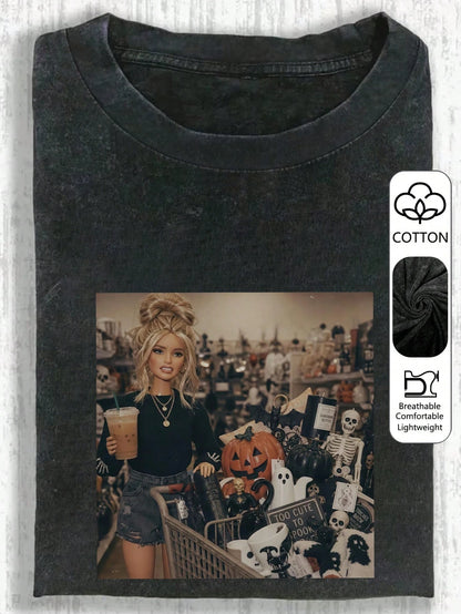 Plus Size Women's DailyBarbie Pumpkin Ghost Skeleton Print Crew Neck Short Sleeve Casual T-Shirt Top, Spring Summer Autumn Plus Size Summer Vacation Outfit