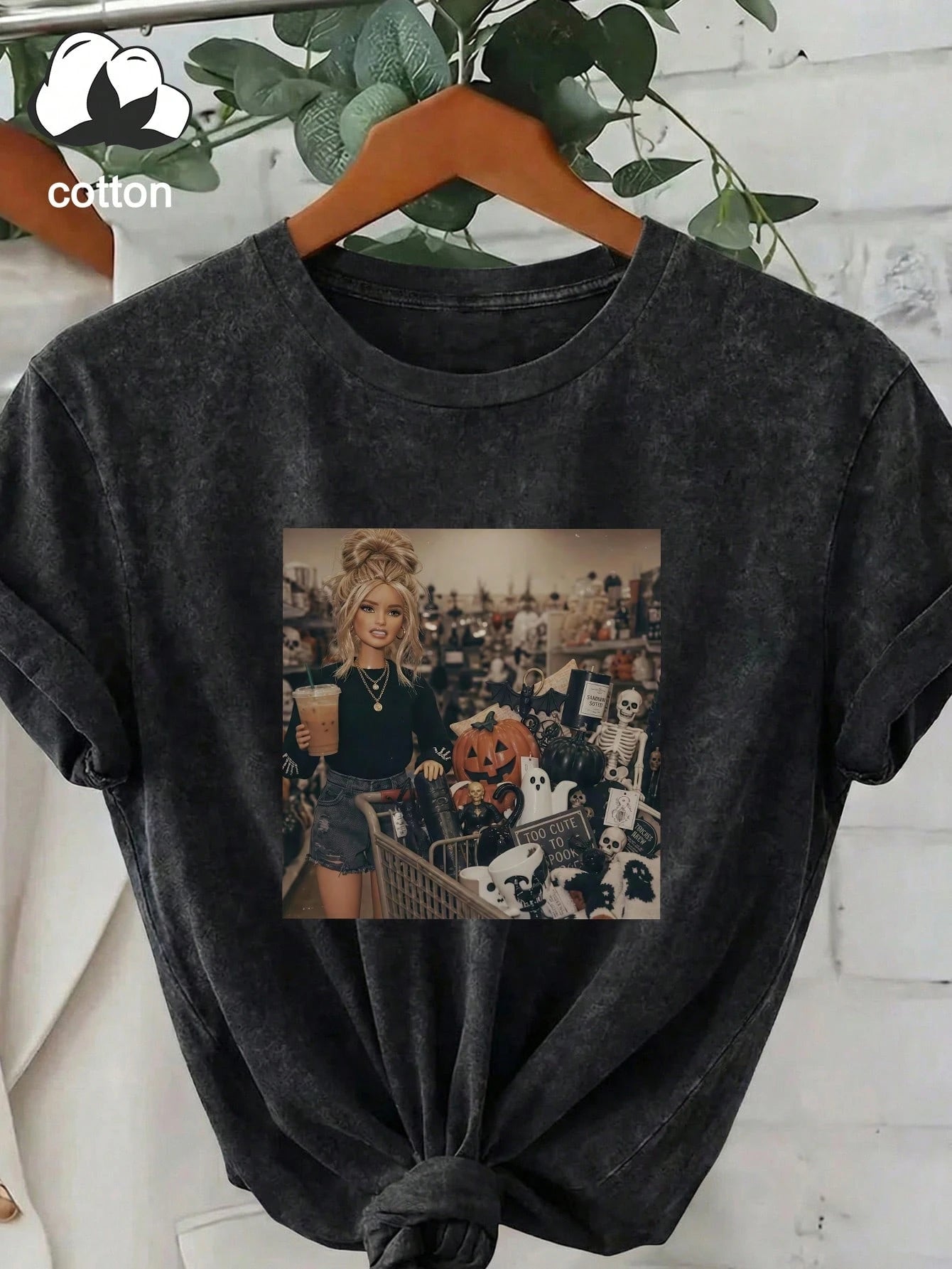Plus Size Women's DailyBarbie Pumpkin Ghost Skeleton Print Crew Neck Short Sleeve Casual T-Shirt Top, Spring Summer Autumn Plus Size Summer Vacation Outfit