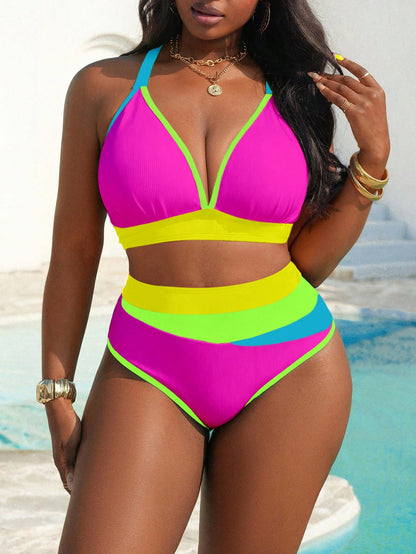 Plus Size Women's Four-Color Contrast Ribbed Fabric Bikini Set
