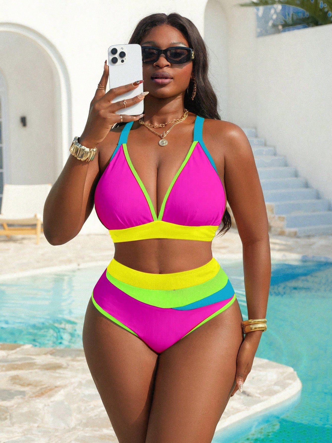 Plus Size Women's Four-Color Contrast Ribbed Fabric Bikini Set