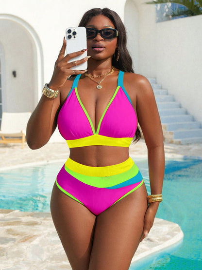 Plus Size Women's Four-Color Contrast Ribbed Fabric Bikini Set