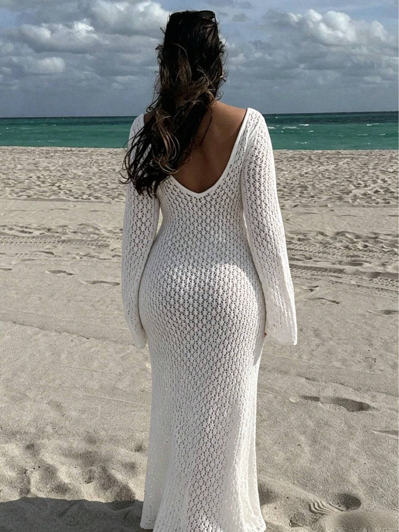 Plus Size Women's Long Sleeve Hollow Out Swimsuit Cover Up, Elegant Bohemian Beach Resort Style V-Neck Dress Vacation White Summer