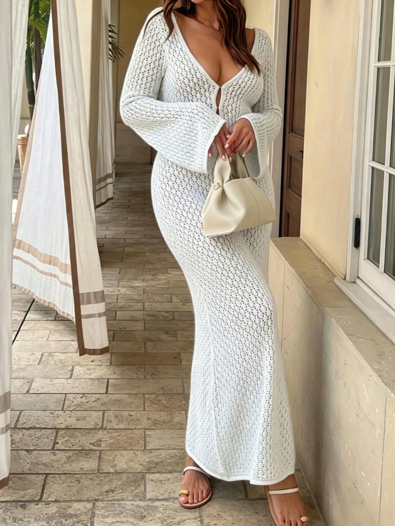 Plus Size Women's Long Sleeve Hollow Out Swimsuit Cover Up, Elegant Bohemian Beach Resort Style V-Neck Dress Vacation White Summer